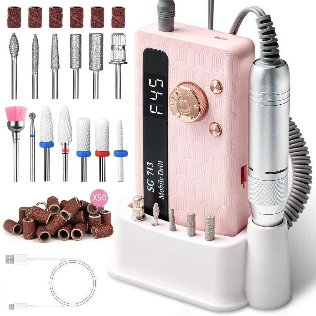 Electric Nail File Professional Kit - Professional 45000RPM Portable Nails Drills Kit with 11 Bits & Base LED Screen Cordless E Filer for Gel Acrylic Nails Remover Home Salon Manicure Pedicure Tools