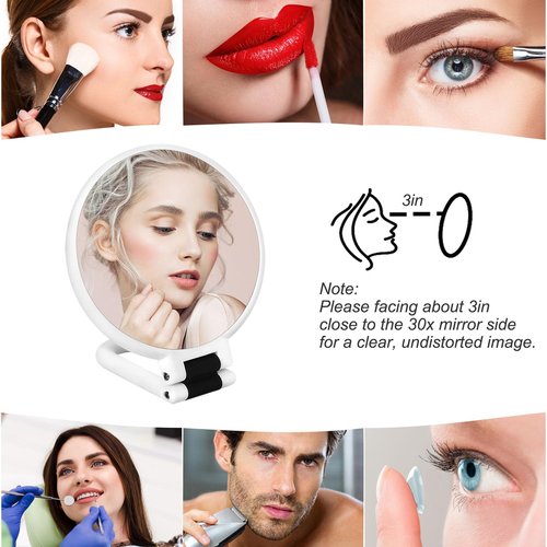 Sifolo 30x Magnifying Mirror, Travel Hand Mirrors with Handle - Double Side Handheld Mirror with 1X 30X Magnification & Adjustable Handle, Hand Held Foldable Travel Mirror for Makeup(Pearl White)