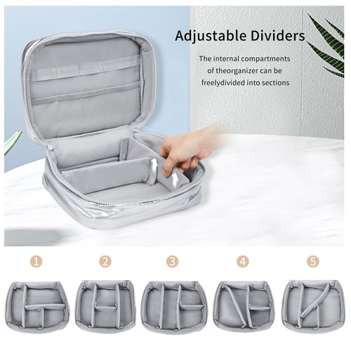 Cuteseason Puffy Quilted Silver Makeup Bag for Women, Large Waterproof Cosmetic Bag with Compartments, Travel Toiletry Organizer Pouch(Black, L)