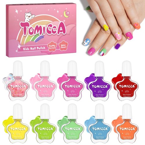 TOMICCA Kids Nail Polish - 10 Color Quick Dry Non-Toxic Peel Off Water Based Gel Nail Polish Set for Toddler Teen DIY Nail Art