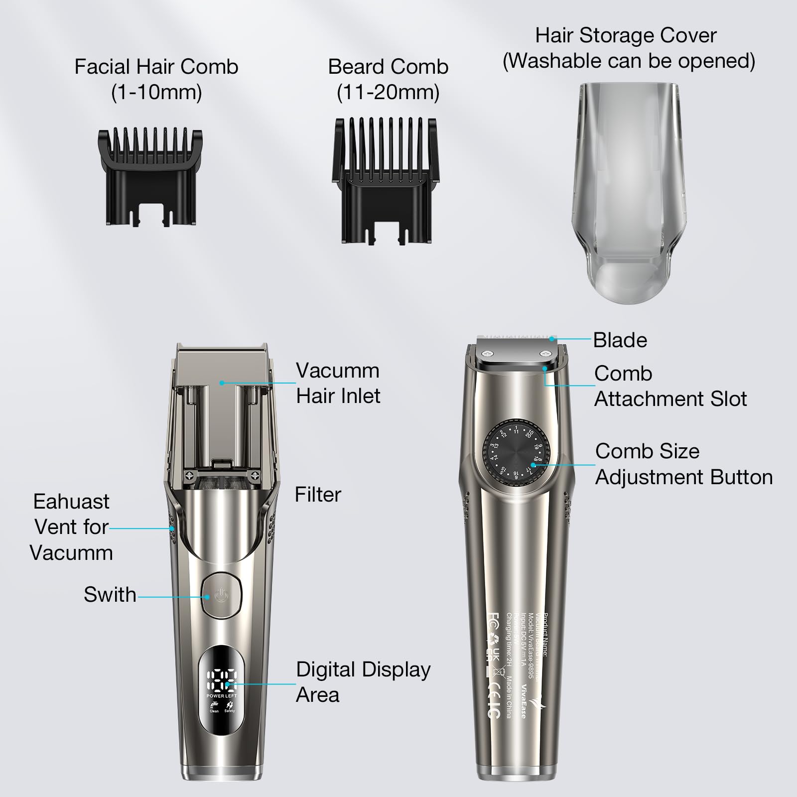 VivaEase Vacuum Beard Trimmer for Men, New Version Adjustable Precision Trimming Length with 2 Comb, Electric Cordless Vacuum Trimmer for Beard, Waterproof and Rinses Easy, Blades for Skin fit