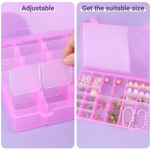 False Nail Container, Cosics Bright Pink 36-Gird Plastic Nail Art Organizers Storage Box with Adjustable Dividers, False Jewelry Diamonds Charms Nail 3D Decorations Manicure Accessory Holder Case