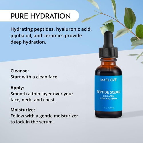 MAELOVE Peptide Squad Collagen Renewal Serum with Copper Peptides, Argireline, Matrixyl 3000 + Hyaluronic Acid and Niacinamide for Wrinkles, Fine Lines, and Skin Elasticity