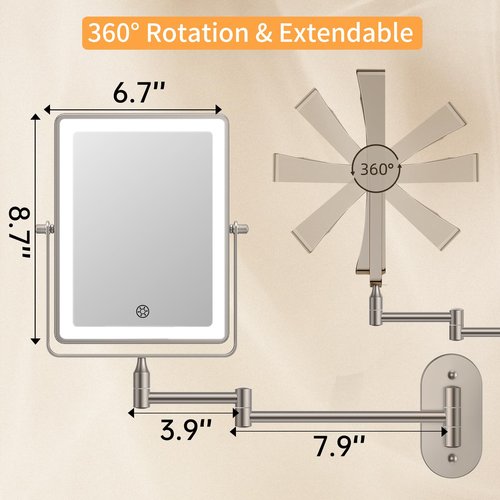 FUNTOUCH 5000mAh Rechargeable Wall Mounted Makeup Mirror with Lights, 8.7" Double Sided 1X/30X Magnifying Mirror with Dimmable 3 Color Light, Extended Swing Arm 360° Wall Mount Bathroom Vanity Mirror