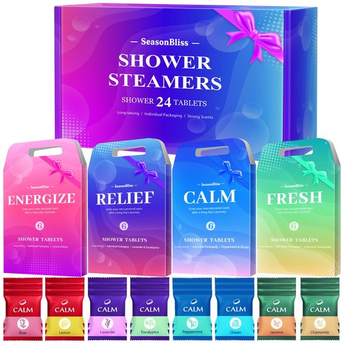 SeasonBliss Shower Steamers 24 Pack, Shower Tablets, Natural Ingredients, 8 Different Scents, Individually Wrapped Shower Steamer, Valentine's Day Shower Steamers for Women