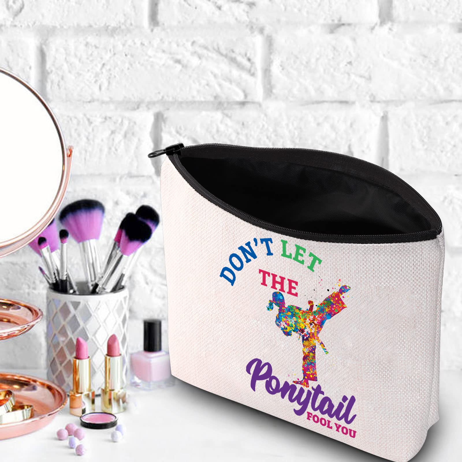 WZMPA Karate Girl Cosmetic Makeup Bag Karate Lovers Gift Dont Let The Ponytail Fool You Martial Arts Zipper Pouch For Women Girls (Ponytail Fool You)