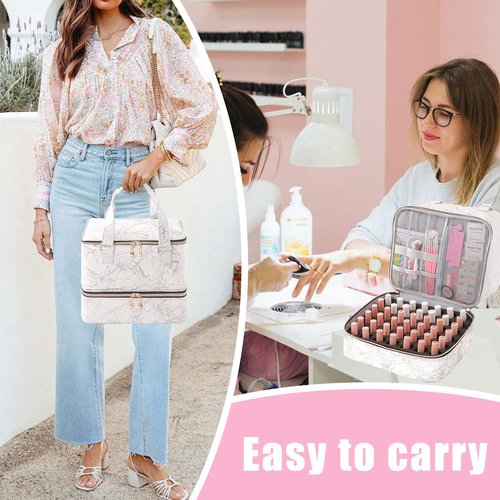 AGX Bravo Nail Polish Organizer Bag Double Layers Nail Polish Storage Case Holds 42 Bottles & 1 Nail Lamp Gel Carrying Case Bag Manicure Supplies Organizers (Marbling)