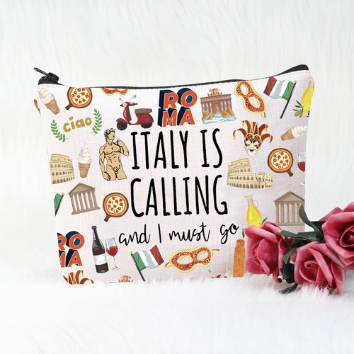 POFULL Italy Map iconic traditional Souvenir Gift ITALY Is Calling and I Must Go Traveller Zipper Pouch Makeup Bag (white ITALY Calling Bag)