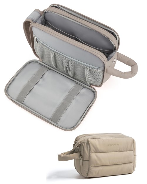 BAGSMART Travel Toiletry Bag for Women, Puffy Cosmetic Makeup Bag Organizer, Large Wide-open Travel Organizer for Toiletries, Dopp Kit Water-resistant Makeup Case for Accessories-Camel