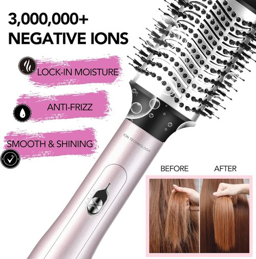 Ouphiny Blow Dryer Brush, 3 in 1 Ceramic Hot Air Brush Set Volumizer with Negative Ionic, 3 Inch Oval Brush Hair Styling Tool for All Hair Types, Interchangeable Multi-Temperature Settings, Pink