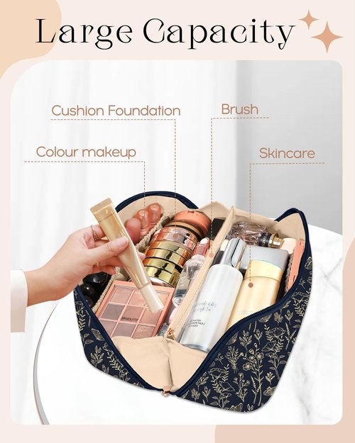 Bistup Makeup Bag Travel Cosmetic Bag Toiletry Make Up Bags Cute Women Large Capacity Big Medium Leather Black and Gold Floral Aesthetic Girl Teen Teenage Foldable Expandable Open Flat Zip