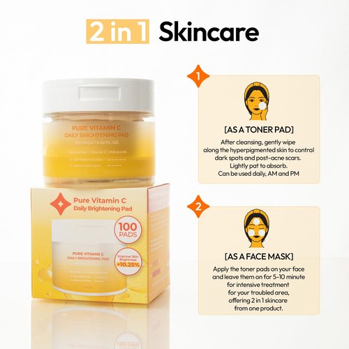 FreeGo Pure Vitamin C Daily Brightening Pad (100 Pads), K-Beauty Korean Skincare Facial Toner Pads for Uneven Hyperpigmented Skin, Instant Brightening & Transparency, Korean Skin Care for Dark Spots