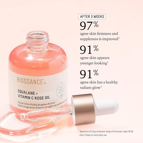 BIOSSANCE Squalane + Vitamin C Rose Facial Oil - Brightening & Hydrating Serum for All Skin Types | 1 oz