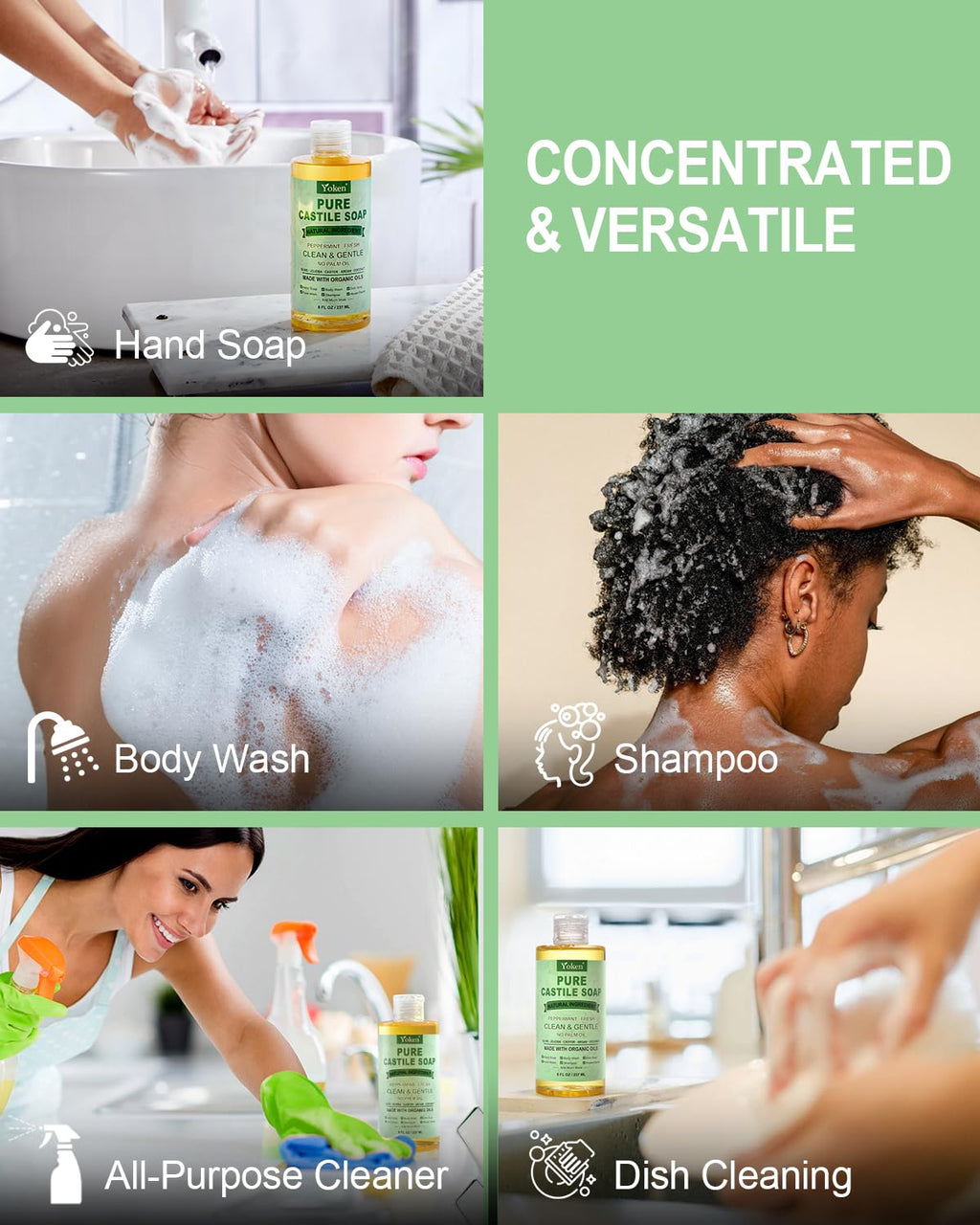 Yoken Peppermint Castile Soap Liquid 8 OZ, Made with Certified Organic Oils, Gentle Peppermint Soap for Body Wash, Face, Hands, Dishes, Laundry & More - Vegan & Natural Ingredients Versatile Cleanser