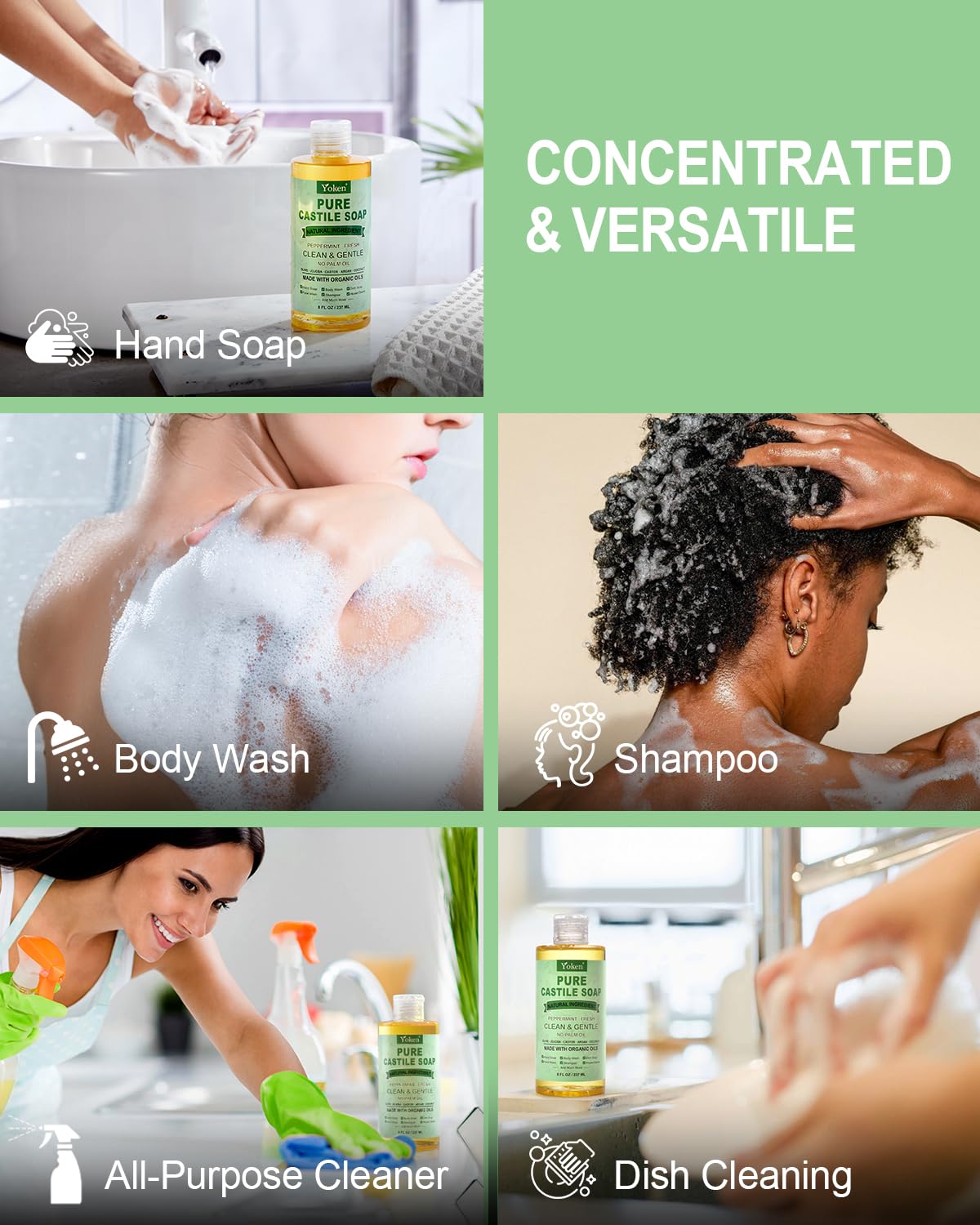 Yoken Peppermint Castile Soap Liquid 8 OZ, Made with Certified Organic Oils, Gentle Peppermint Soap for Body Wash, Face, Hands, Dishes, Laundry & More - Vegan & Natural Ingredients Versatile Cleanser