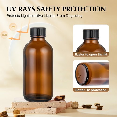 Exlvanto Small Glass Bottles with Lids Boston Round Shot Bottles for Health, Immunity, Ginger Juice, Essential Oils, Potion - Leak Proof Mini Travel Containers (Amber UV, 4oz-12Pack)