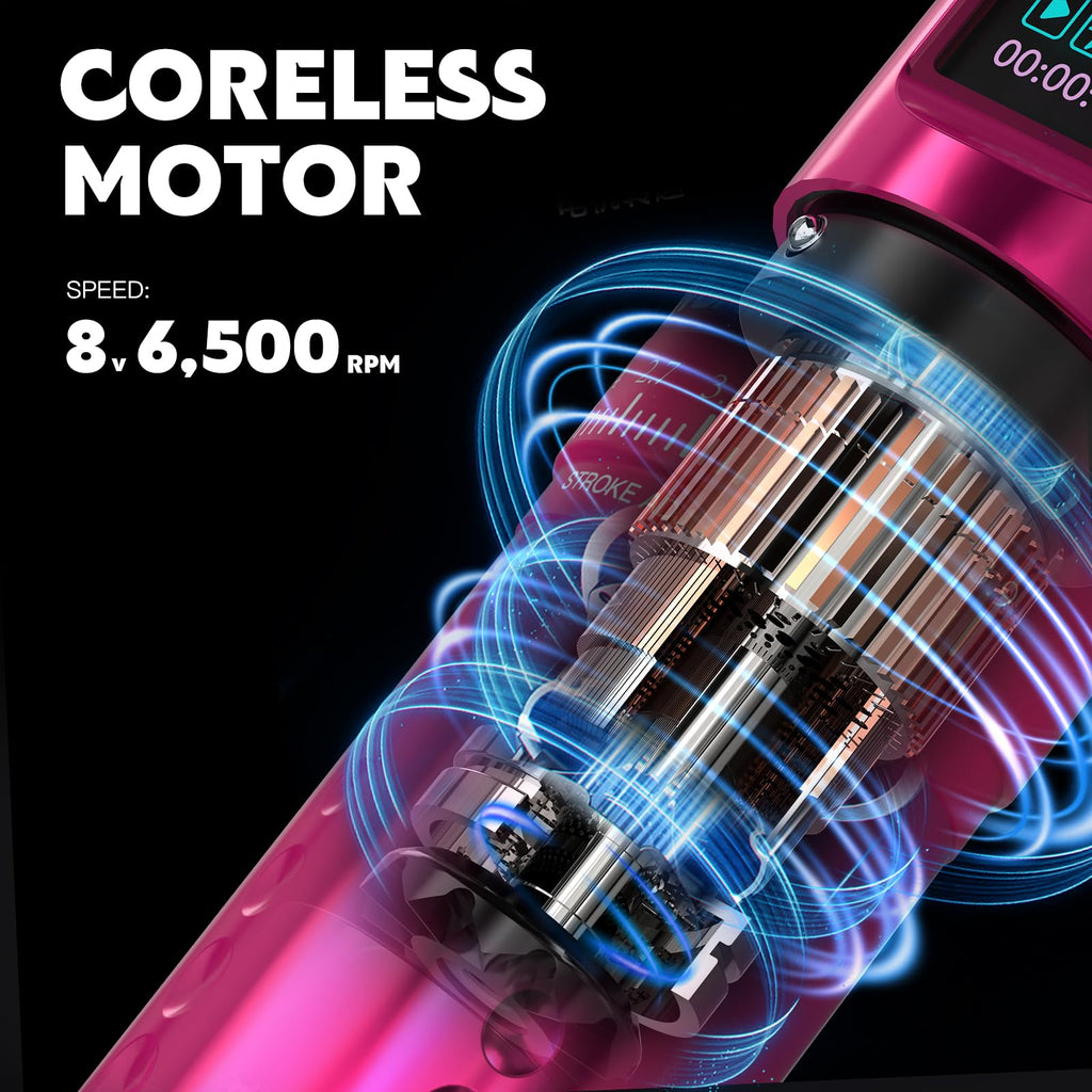 WORMHOLE PRO 80PCS Tattoo Gun Kit with 7 Adjustable Strokes, 1,800 mAh Capacity Replacement Power Supply, Digital LED Display, 20Pcs Tattoo Needles for Artists VIRGO - Pink