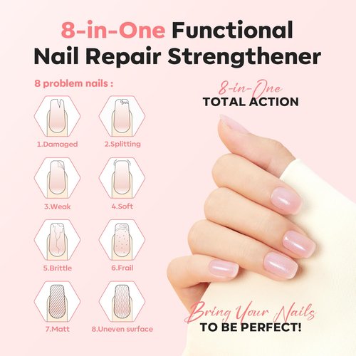 Modelones Nail Strengthener - Sparkle Pink Nail Polish for Damaged Nails | 15ml Natural Hardener
