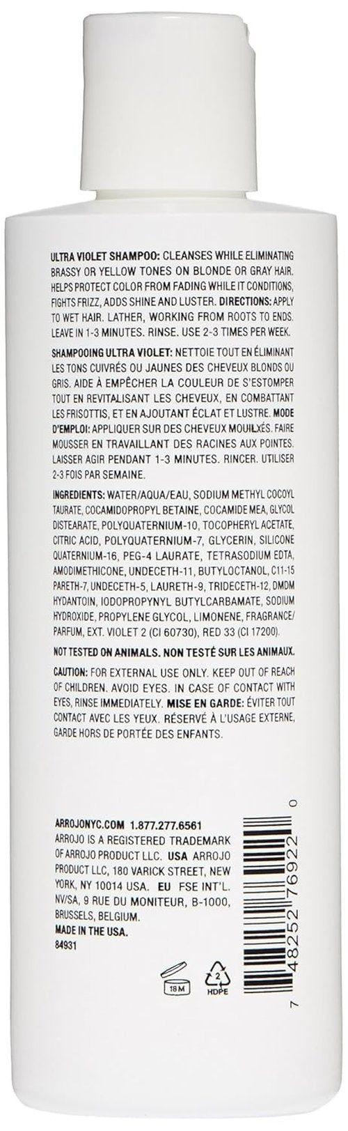 ARROJO Ultra Violet Purple Shampoo - 8.5 oz Color Treated Hair Care | Eliminates Brassy Tones & Yellow Hues
