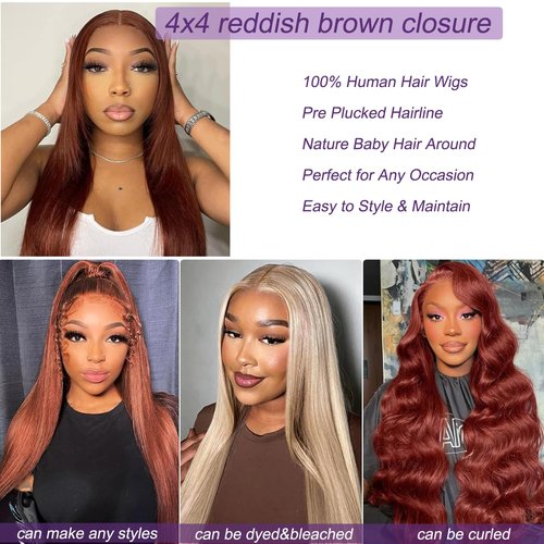 4x4 Straight 20 Inch Closure Transparent 44 Swiss Lace Closure Human Hair Only 12A 100% Unprocessed Brazilian Virgin Remy 150% Density Free Part Pre Plucked With Baby Hair Reddish Brown Color