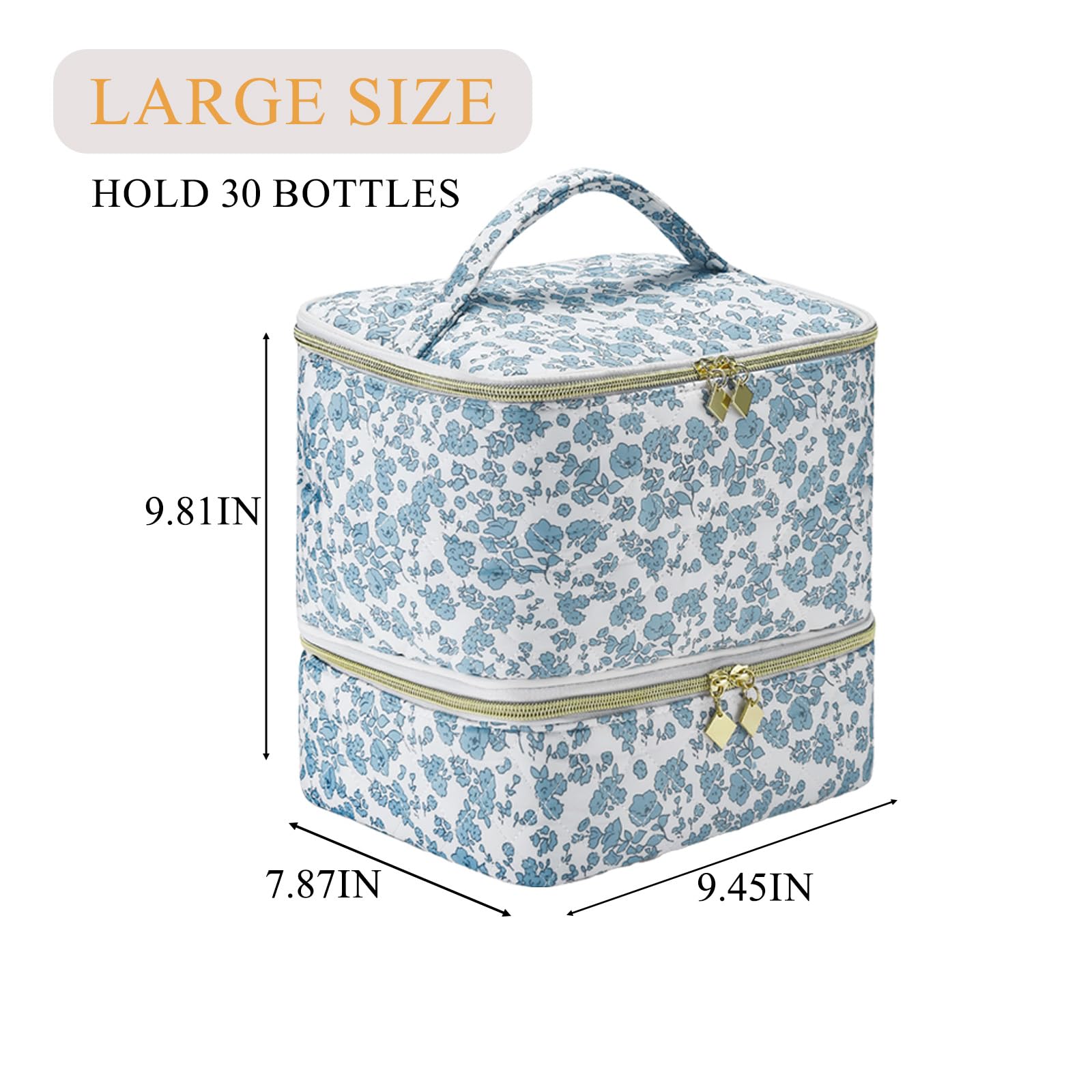 ZFZGFRCS Upgraded Nail Polish Organizer Case - Holds 30 Bottles and 1 Nail Light, Double-layer Nail bag Organzier Case Nail Polish Storage Bag with Handles (Blue-Flower)