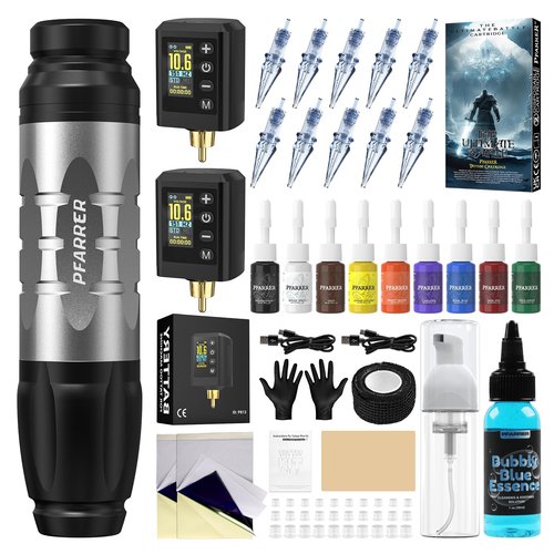 PFARRER Wireless Tattoo Gun Tattoo Kit Professional 2 Batteries Motor Digital Display Tattoo Machine with 10Pcs Tattoo Needles Tattoo Ink Tattoo Accessories PR-TKP651B-7