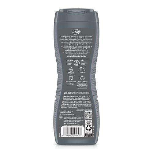 Dial Men 3 in 1 Body, Hair and Face Wash, Refresh, 16 Fl Oz (Pack of 4), Blue Sage Scent, Cleanses Deep + Gentle on Skin with Clean Rinse Technology