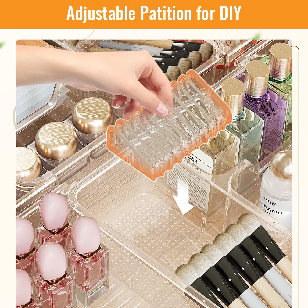 Wi4you Expandable Drawer Organizer Tray from 11” to 19.1”, Adjustable Silverware in Drawer Holder, Clear Plastic Drawer Storage with Sliding Dividers for Utensil, Cosmetics, Toiletries, Offices