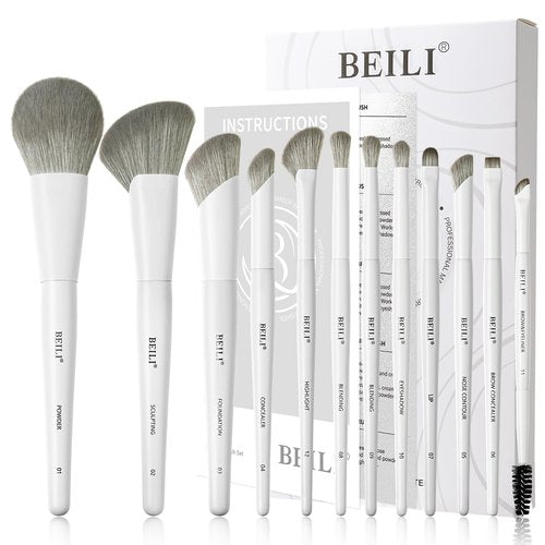 BEILI 12-Piece White Makeup Brush Set, Premium Synthetic Brushes for Foundation, Blending, Eyeshadow, Contour, Blush, and Eyeliner, Luxury Gift-Ready