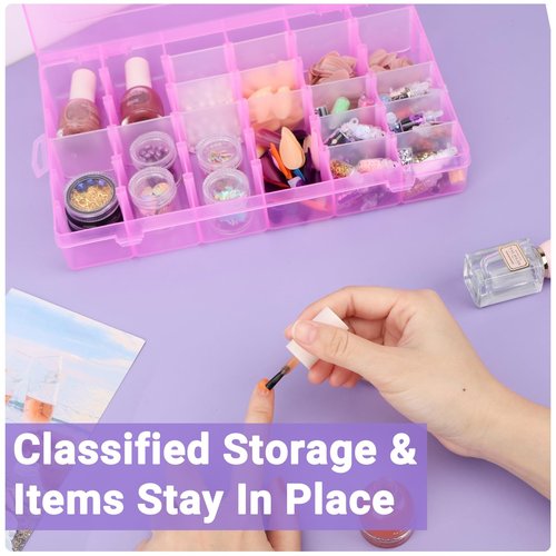 False Nail Container, Cosics Bright Pink 36-Gird Plastic Nail Art Organizers Storage Box with Adjustable Dividers, False Jewelry Diamonds Charms Nail 3D Decorations Manicure Accessory Holder Case