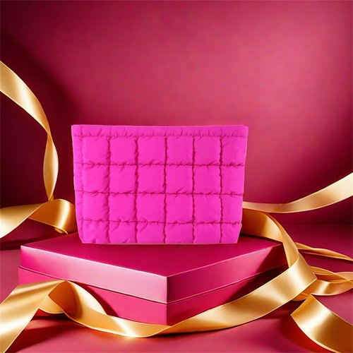 CECKQUE Soft Checkered Quilted Puffy Makeup Bag for Women, Aesthetic Puffer Cosmetic Bag Pouch for Purse (Hot Pink)