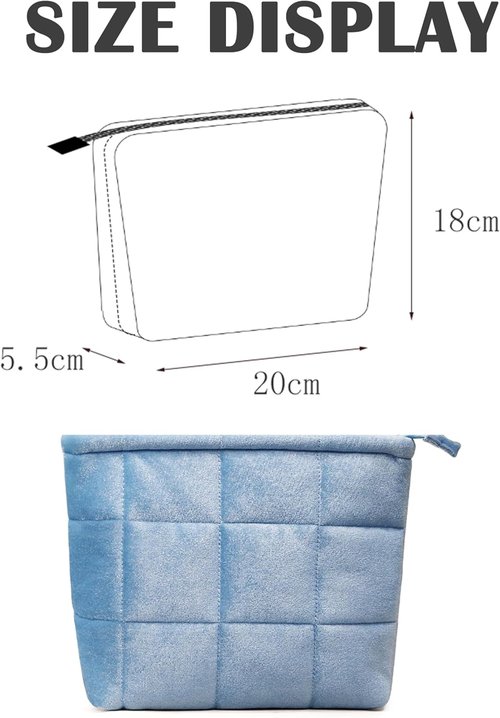 Skiennix Puffy Quilted Makeup Bag - Stylish Travel Toiletry Organizer Pouch | Sky Blue Velvet