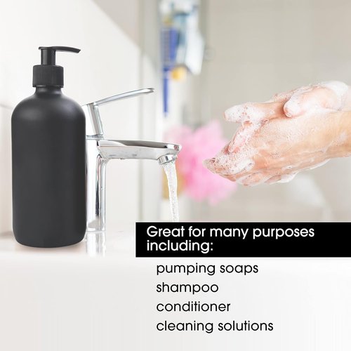 Boston Round Glass Bottles - 16oz Reusable Spray & Soap Dispenser Set of 2 | Black