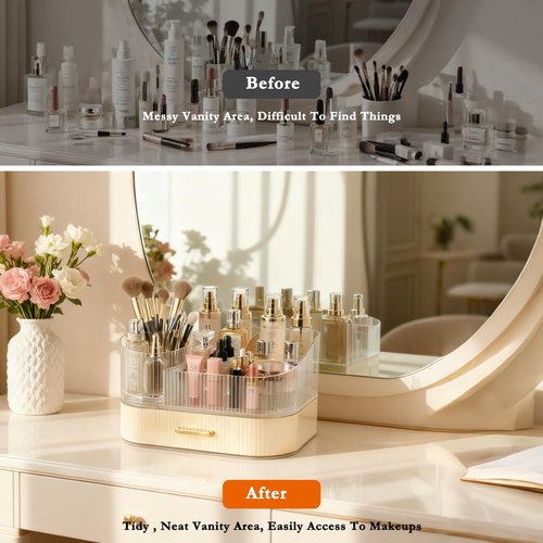 ShinyDew Makeup Organizer Countertop with 360 Rotating Brush Holder, Make Up Organizers For Vanity With Drawer, Bathroom Countertop Skincare Organizer And Storage