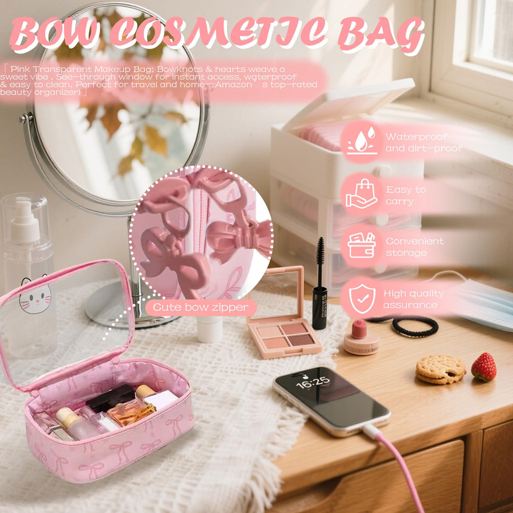 Werncy Women's bow cosmetic bag, transparent waterproof suitable for travel cute cosmetic bag girlfriend mother bridesmaid gift