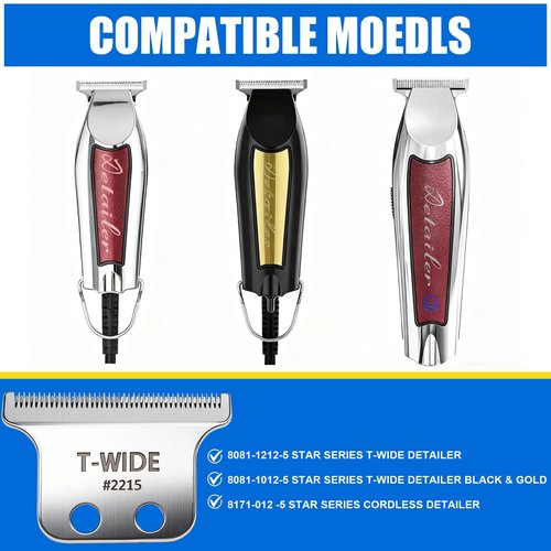 2215 Replacement T Wide Blades Compatible with Wahl 5 Star Detailer Li Trimmer(8081) and (8171) - Adjustable Stainless-steel Zero-Gap Trimmer Blade （1PC-silver)
