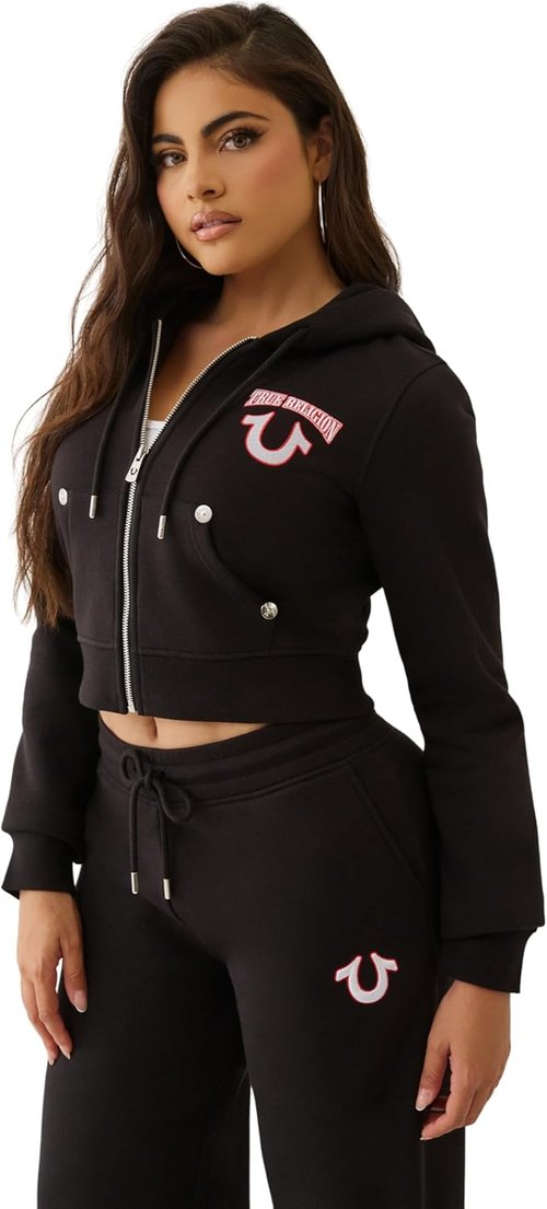 True Religion Women's Cropped Zip Hoodie - Embroidered Full-Zip Sweatshirt with Logo Stitching