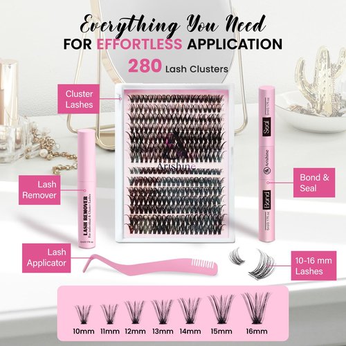 Arishine Lash Clusters Kit: 280PCS D Curl Wispy Cluster Eyelash Extensions, 10-16mm Natural DIY Lash Clusters Kit with Lash Bond & Seal, Remover, Tweezers & Applicators – Thin Invisible Band