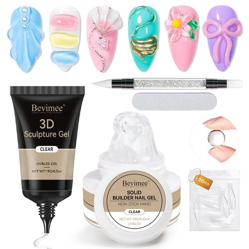 Bevimee 18g Solid Builder Gel for Nails 15g 3D Nail Sculpting Gel for Nail Art, Clear Non-Stick Hand for Modeling, Sculpture, Nails Extension UV/Led Manicure DIY at Home