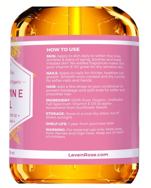 Leven Rose 100% Vitamin E Oil 75,000 IU per oz 100% Natural, Organic, Pure Vitamin E Oil for Skin, Face, Hair, Nails 1oz