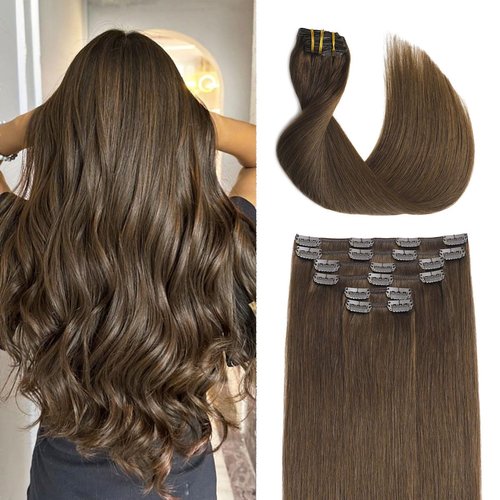 Sindra Human Hair Clip in Hair Extensions, 4 Chocolate Brown Clip in Hair Extensions Real Human Hair for Women, 14inch 100g 6Pcs Remy Natural Human Hair