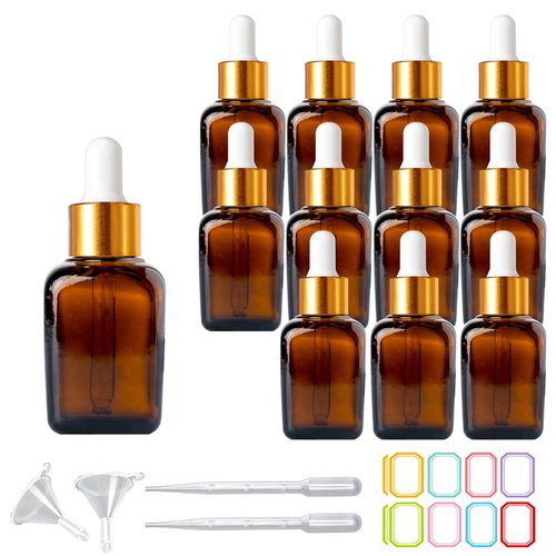 PYAWI 12Pcs 1 oz Square Dropper Bottles for Essential Oils, 30ml Amber Square Bottles with Eye Droppers,tincture bottles,for Essential Oils,Liquids,perfume Travel (Amber -Gold cap)
