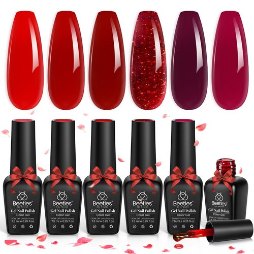 Beetles Red Jelly Gel Nail Polish Set - Luminous Ruby Jelly Gel Polish, 6 Colors Christmas Burgundy Gel Nail Kit Sheer Red Neutral Translucent Effect Soak off UV DIY Salon Manicure Gift for Women