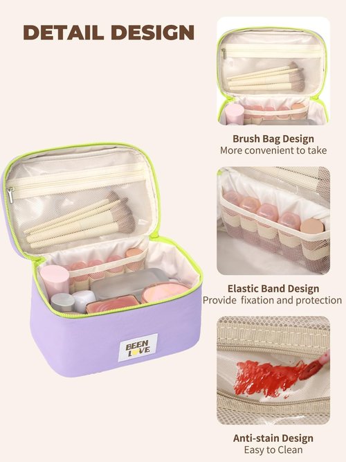 LALAMISI Makeup Bag Cute Cosmetic Bag for Women Girls Large Capacity Makeup Organizer Portable Travel Toiletry Bag with Handle and Brush Compartment, Purple