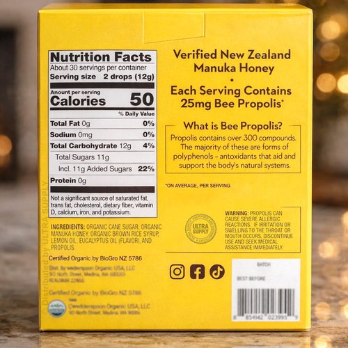 Regine Switzerland Organic Manuka Honey Lemon Drops - Soothing Lemon Flavor | 60 Count Value Pack with 25mg Bee Propolis - USDA Organic, Non-GMO