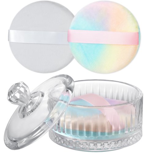 NiHome Large Powder Puff with Container Set, Glass Powder Puff Holder with Lid and 2 Ultra-Soft Velvet Puffs, Elegant Crystal Glass Storage Jar for Loose Powder, Body Powder and Setting Powder