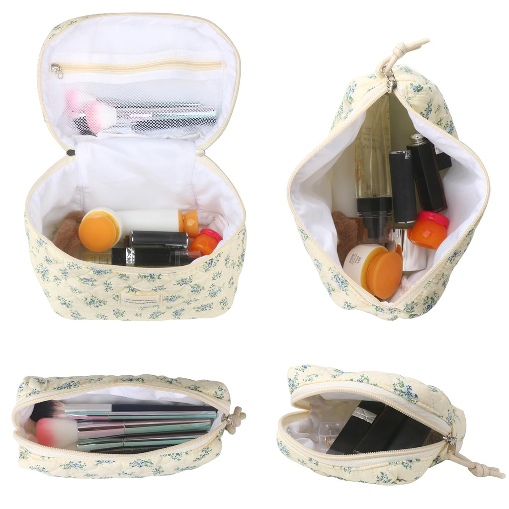 VIWIME Makeup Cosmetic Bag, Large Cotton Quilted Travel Coquette Aesthetic Cute Floral Make up Bag for Women Toiletry Bag Organizer (203- Blue Rose / 4Pcs)