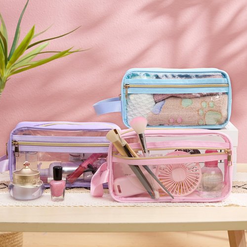 Pinkunn 3 Pcs Clear Makeup Bags Tsa Approved Toiletry Bag with Handles Cosmetic Bags with Zipper Small Clear Travel Toiletry Bag for Women Carry-on Travel Essentials(Blue, Purple, Pink)