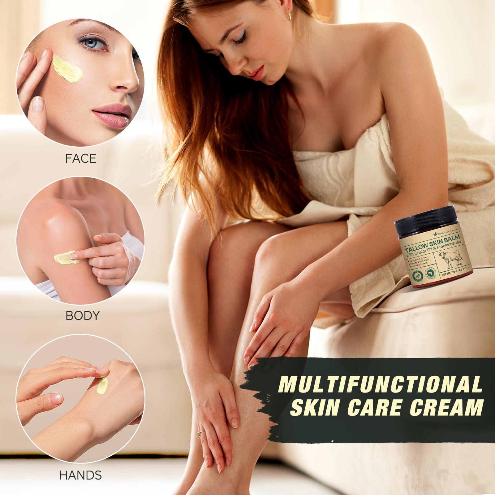 ZIXBMHYJ Tallow Balm With Castor Oil and Frankincense Skin Balm, Beef Tallow Moisturizer, Frankincense Oil for Skin, 100% Grass-Fed, Nourish & Repairing Dry Skin, Face & Body Cream