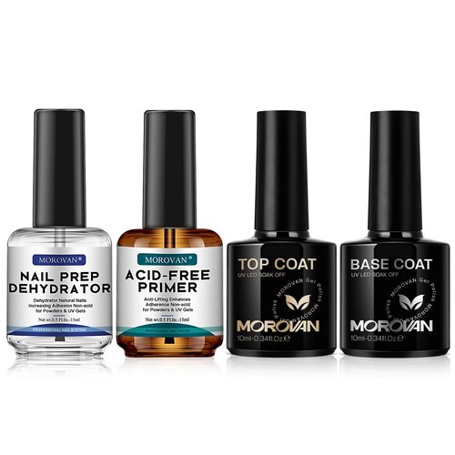 Morovan Nail Dehydrator and Primer with Gel Base & Top Coat Set 4PCS Professional Fast Dry Acid Free Supplies Primer for Acrylic & Gel Nail Polish Gifts